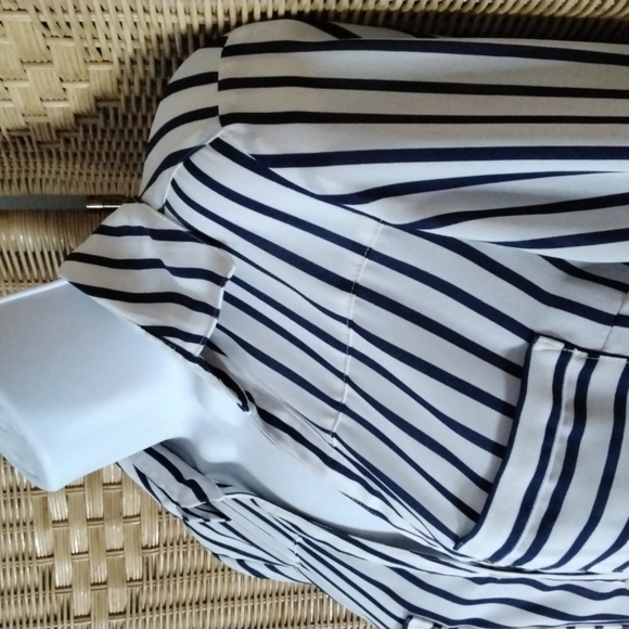 Express Women's Navy and White Stripe Button Down Women's Blouse. - Picture 3 of 5